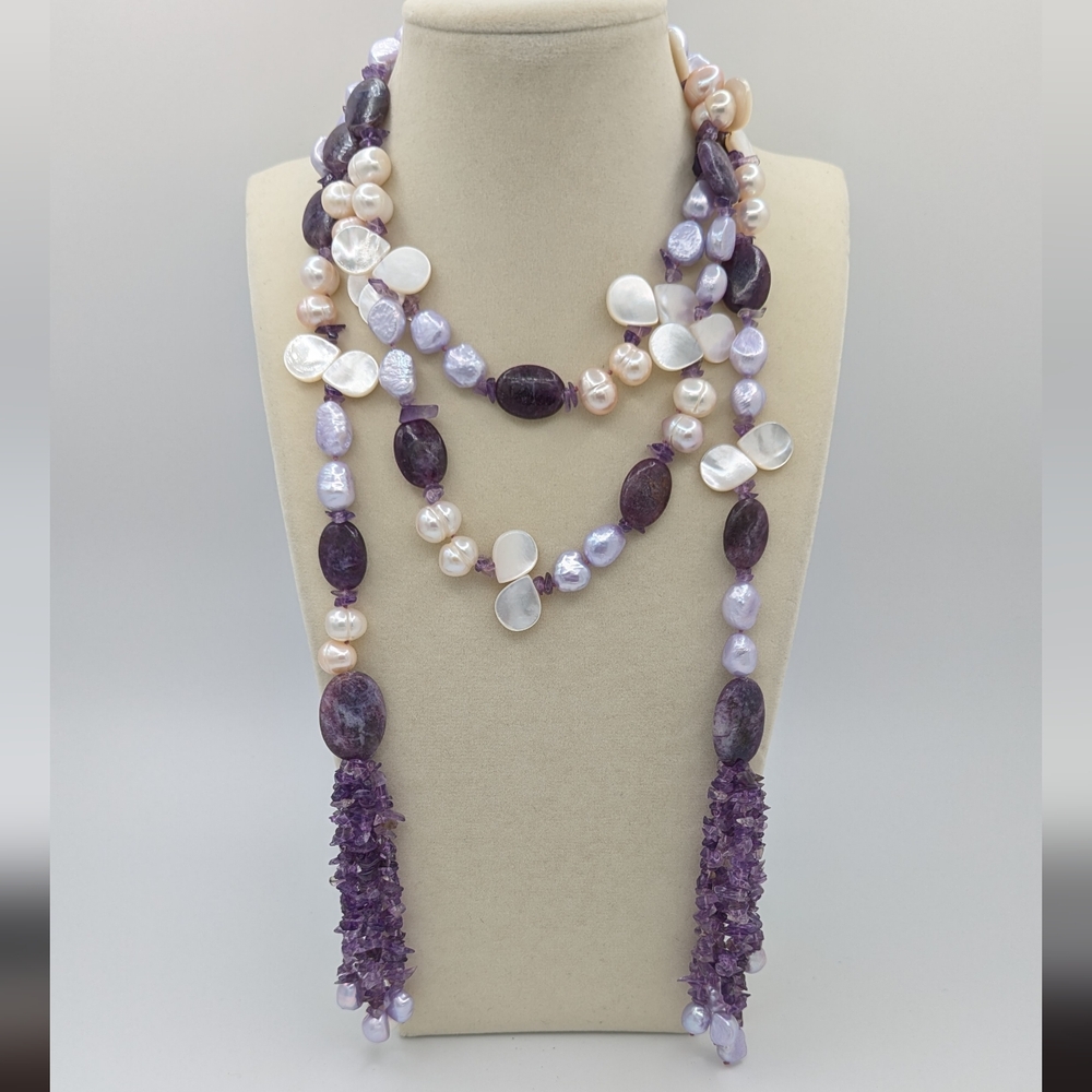 Purple Stone and Pearl Tassel Necklace